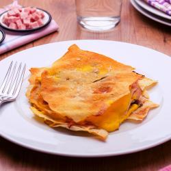 Lasagna di pane carasau con besciamella, funghi e prosciutto